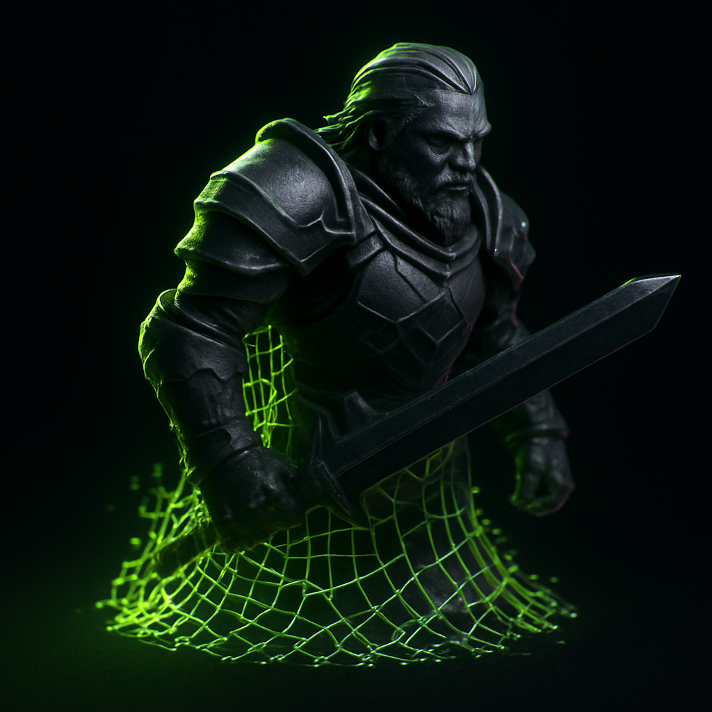 A 3D printed model emerging from a glowing wireframe mesh